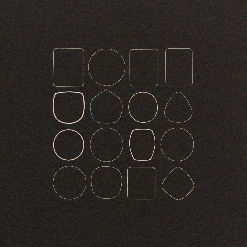 dark textured background, matte charcoal surface with subtle paper grain, delicate off-white outline shapes arranged in a centered block, solid and hollow geometric forms, high contrast minimalist composition, monochromatic black and white color palette, flat overhead perspective, macro photography of printed paper medium, rough organic surface texture, clean graphic design layout