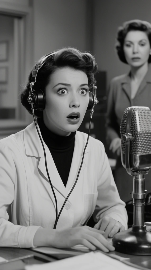A black and white cinematic still captures a shocked female radio operator wearing a vintage headset in a retro office. The foreground woman features short styled dark hair, wide alarmed eyes, and a parted mouth. She wears a dark turtleneck beneath a light smock, with thin headset cables draped down her chest. She sits at a desk beside a large metallic vintage microphone. In the softly blurred background, a second standing woman watches her. Classic mid-century studio lighting creates soft shadows and a shallow depth of field to emphasize the operator's intense expression.