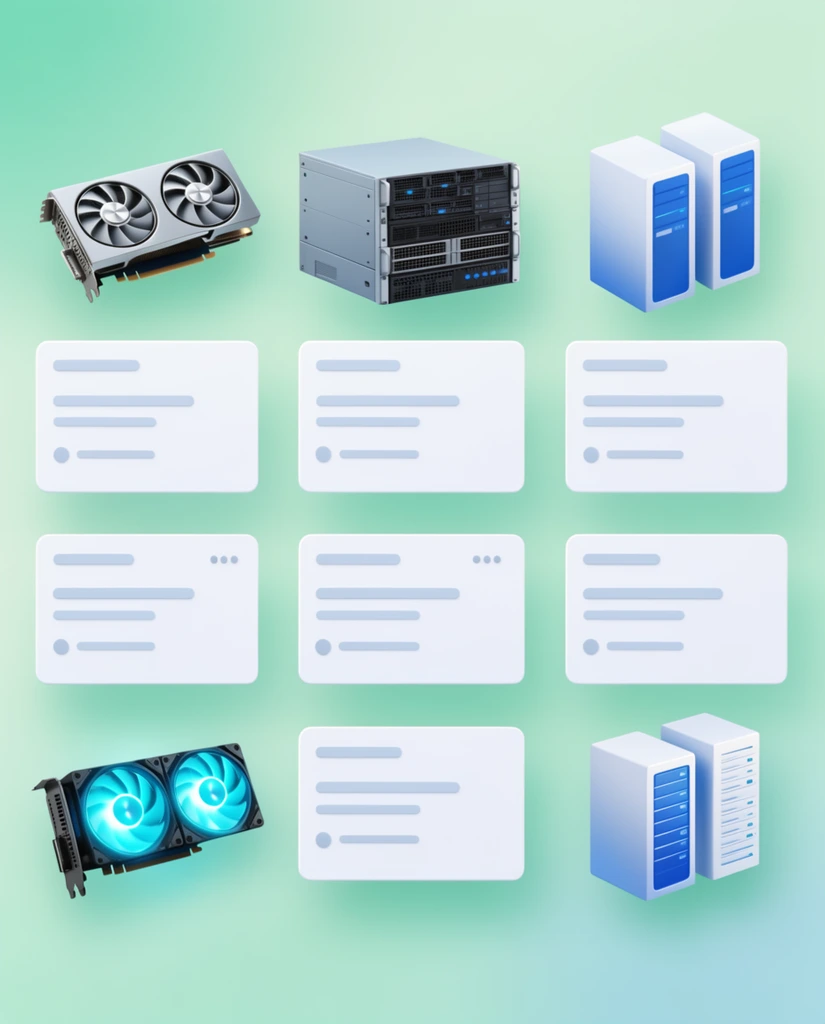 floating grid of white rectangular UI cards over a soft mint green gradient, tech hardware visuals, silver dual-fan graphics card, glowing cyan PC cooling fans, rack-mounted server unit, minimalist white and blue isometric server towers, soft drop shadows, clean modern 3D aesthetic