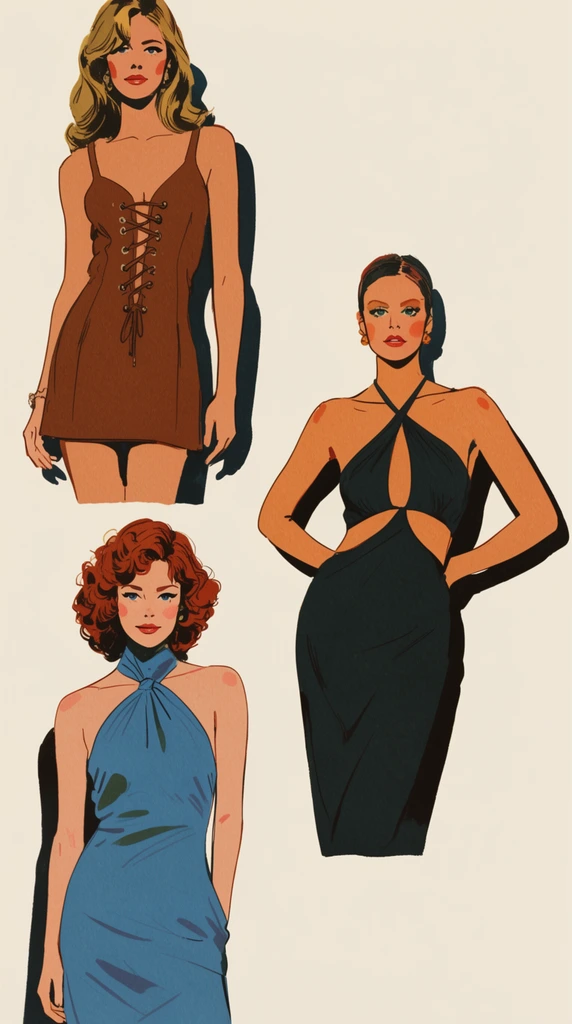 Three retro fashion illustrations of women posing against a flat off-white background, top left figure in a brown lace-up mini dress, middle right figure in a dark cutout halter dress with hands on hips, bottom left figure with auburn curls in a blue halter dress, bold elongated dark drop shadows, muted vintage color palette, stylized pop art drawing aesthetic