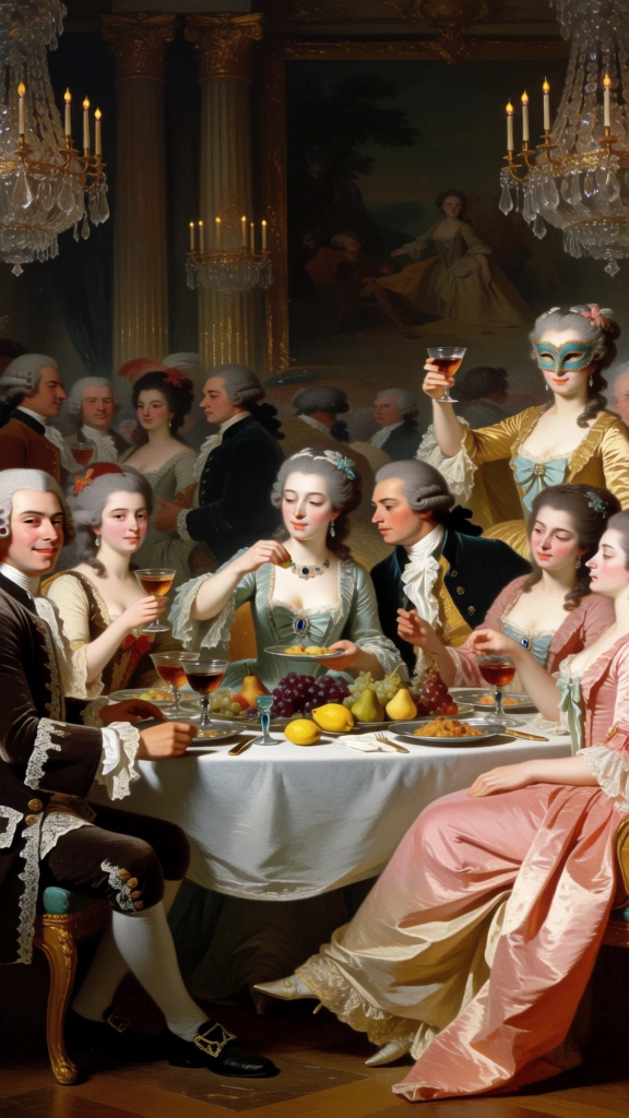 A sumptuous eighteenth-century aristocratic banquet scene unfolds in a grand chandelier-lit hall, with powdered nobles and elegant women gathered around a white-clothed table, smiling, flirting, and drinking amid cascades of satin, lace, fruit, and gold-toned light. Oil painting, Rococo revival, romanticized historical genre scene, painterly brushwork, soft glazing, luminous highlights, velvety shadows, ornate courtly decadence, theatrical intimacy, festive, sensual, opulent, highly detailed, Fragonard-adjacent, Boucher-adjacent, Winterhalter-adjacent, warm amber palette, gold, cream, blush pink, pale blue, ivory, cocoa brown, subdued teal accents, low-key exposure, strong chiaroscuro, glowing faces, soft focus background, no visible camera artifacts, no text, no borders. In the upper third, several massive crystal chandeliers hang from the dark ceiling, one cropped at top left, two large ones dominating the upper right, their candles and glass arms catching bronze-gold light. Tall architectural columns rise in the dim background, framing a shadowy central wall painting or tapestry. Around the middle, a crowded party fills the room, but the focus is the table in the foreground. At left center sits a smiling middle-aged man with pale skin and a white powdered wig, wearing a dark brown coat with abundant white lace at his throat and cuffs; he faces right toward the women. In front of him at the lower left edge, a seated young woman in a cream and brown dress holds a stemmed glass near her lap, her face in profile turned inward. At center, the brightest figure is a fair-skinned woman in a pale blue gown with a low neckline, jeweled necklace, and blue headpiece; she tilts her head down with a soft smile, holding a small morsel above her plate. Behind and slightly right of her stands a tall powdered gentleman in a dark coat and white cravat, leaning in attentively. To his right, a woman in blush pink reclines with eyes half closed and lips parted in pleasure, while at the far right foreground another woman in a gold satin gown wears a pale turquoise masquerade mask and raises a glass in her right hand. Across the tabletop are goblets, a gold pitcher, plates, bread, citrus, strawberries, grapes, and small decorative vessels. The white tablecloth spills downward in heavy folds. On the floor in the lower third, more platters overflow with lemons, pears, grapes, figs, and leaves, and at the bottom left corner a polished silver ewer rests beside a crumpled napkin, reinforcing the lavish excess.