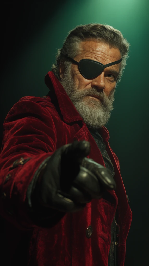 A rugged man with a thick grey beard and eyepatch looks over his shoulder, pointing a leather-gloved finger at the camera in a dramatically foreshortened pose. He wears a heavy crimson velvet trench coat. A harsh emerald-green spotlight illuminates him against a pitch-black void. Cinematic lighting highlights his weathered skin and the rich fabric, creating a high-contrast theatrical portrait.