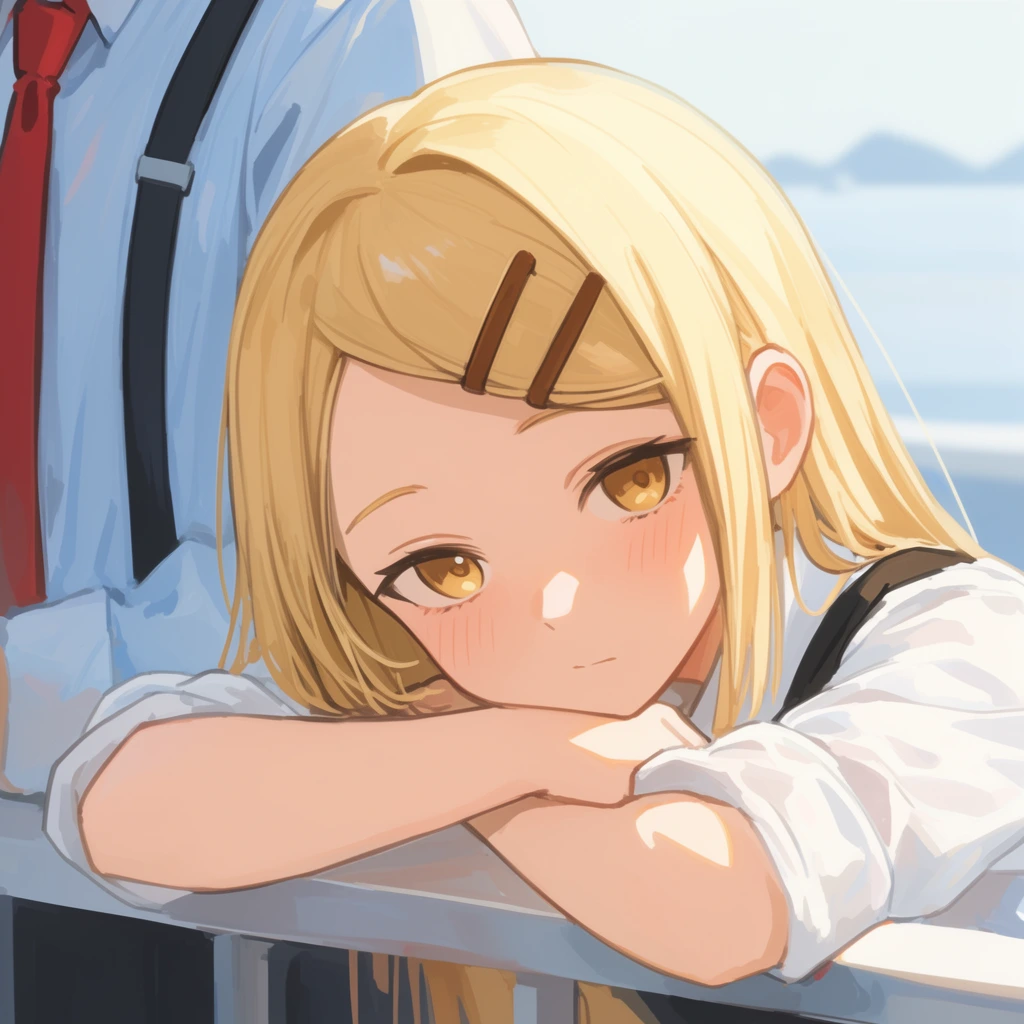 A blonde girl with amber eyes rests her head on crossed arms over a railing in this softly lit anime-style illustration. Two brown clips secure her bangs above lightly blushed cheeks. She wears a white shirt with rolled-up sleeves and a black shoulder strap. A partially framed figure in a light blue shirt, red tie, and black suspenders stands beside her. Warm sunlight casts gentle highlights on her face against a blurred pale blue background of distant landmasses, featuring delicate cel-shading and a pastel palette.