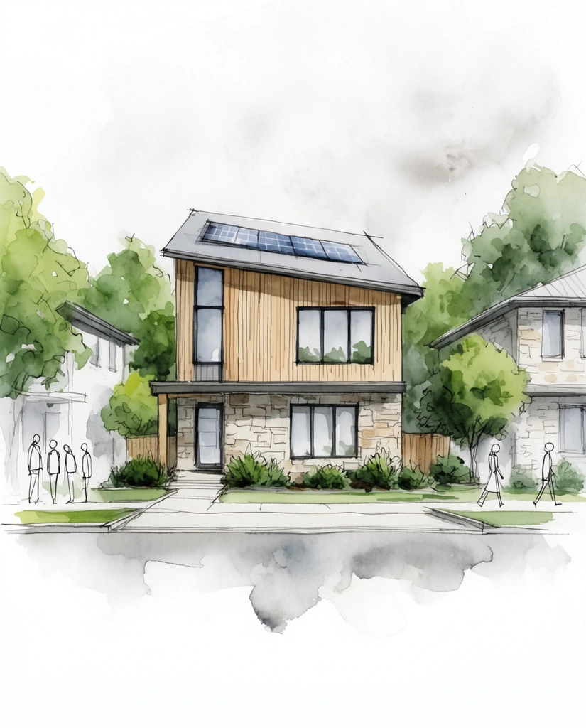 An architectural watercolor and ink sketch of a modern eco-friendly suburban street. The central two-story house features a mono-pitch roof with solar panels, vertical wood siding, and stone walls. Loose linework defines the structures and surrounding green trees, filled with soft, expressive washes of green, gray, and warm tan. Minimalist sketch-like figures walk along the sidewalks, including a group on the left. The foreground paved road fades out with incomplete watercolor washes into a white background under a pale overcast sky.