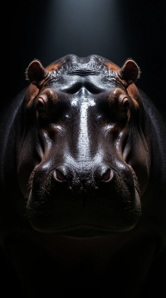 A massive hippopotamus emerges from a pitch-black void, facing directly forward under dramatic low-key overhead lighting. The intense spotlight illuminates its broad forehead, deep-set eyes, and expansive snout, catching wet, silvery highlights across deeply wrinkled, leathery dark gray skin. Small rounded ears stand alert while its heavy jaw and massive shoulders fade entirely into deep shadow. The symmetrical, high-contrast composition emphasizes the animal's rugged, sculptural facial contours.