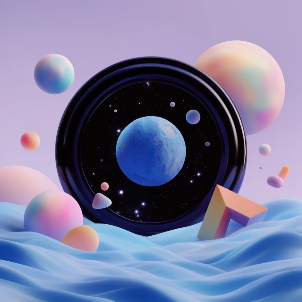 3D surreal space scene, dark central portal revealing a textured blue planet in a starry void, glossy circular frame, floating pastel planets, floating geometric shapes, wavy blue terrain, soft lavender background, smooth digital rendering