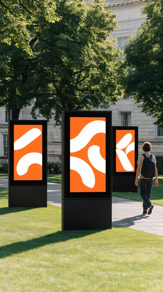 Three freestanding black display totems line a paved park walkway, displaying bright orange screens with bold, abstract white curved shapes. A person with a backpack walks away down the path. Bright sunlight casts sharp shadows across the manicured grass, backed by mature leafy trees and a pale stone classical building.