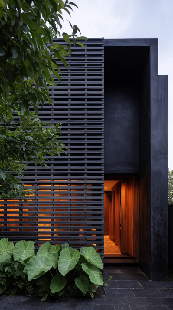 A modern dark architectural exterior contrasting smooth black concrete with a dark grey horizontal breezeblock screen. A recessed entryway glows with warm amber light illuminating a wooden interior. Warm light spills through the lower breezeblock gaps. Green tree branches frame the left foreground above large elephant ear plants growing beside dark paving stones.