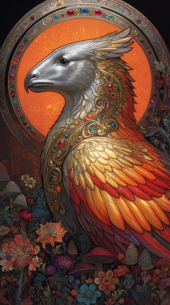majestic hybrid creature with a sleek silver mammalian head and vibrant avian body in profile, intricate swirling gold filigree and jeweled feathers along the neck, layered wing feathers in glowing orange gold and red, framed by a luminous orange circular halo with ornate jeweled metallic rings, base surrounded by dense stylized fantasy flora featuring intricate flowers and textured mushrooms in rich jewel tones, dark contrasting background, Art Nouveau illustration style, highly ornamental, metallic sheen, precise linework