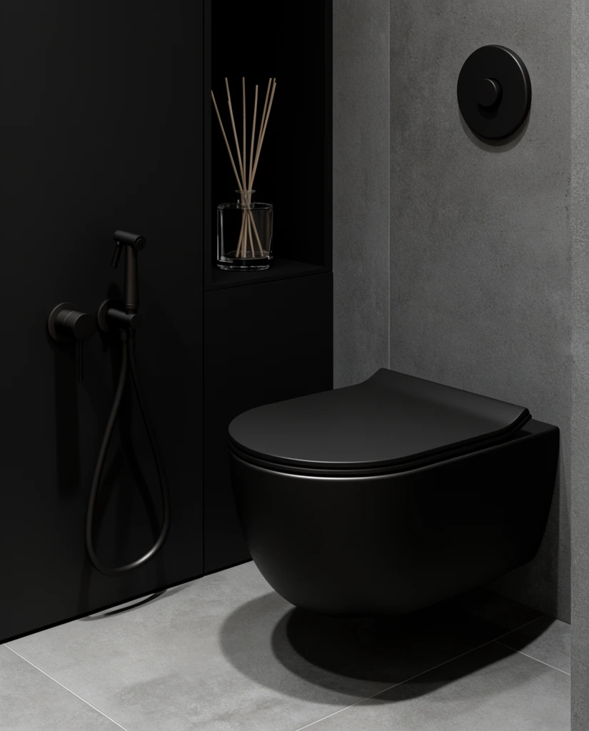A minimalist bathroom interior features a sleek matte black wall-hung toilet and matching fixtures against grey textured tiles. The floating toilet bowl with a closed lid casts a sharp shadow on the large-format floor. Beside it, a matte black wall panel houses a built-in bidet sprayer with a looping hose and a recessed niche containing a glass reed diffuser. A round flush button rests on the adjacent grey wall under low-key, moody lighting that highlights the matte surfaces, clean geometric lines, and stark architectural contrast of the contemporary space.