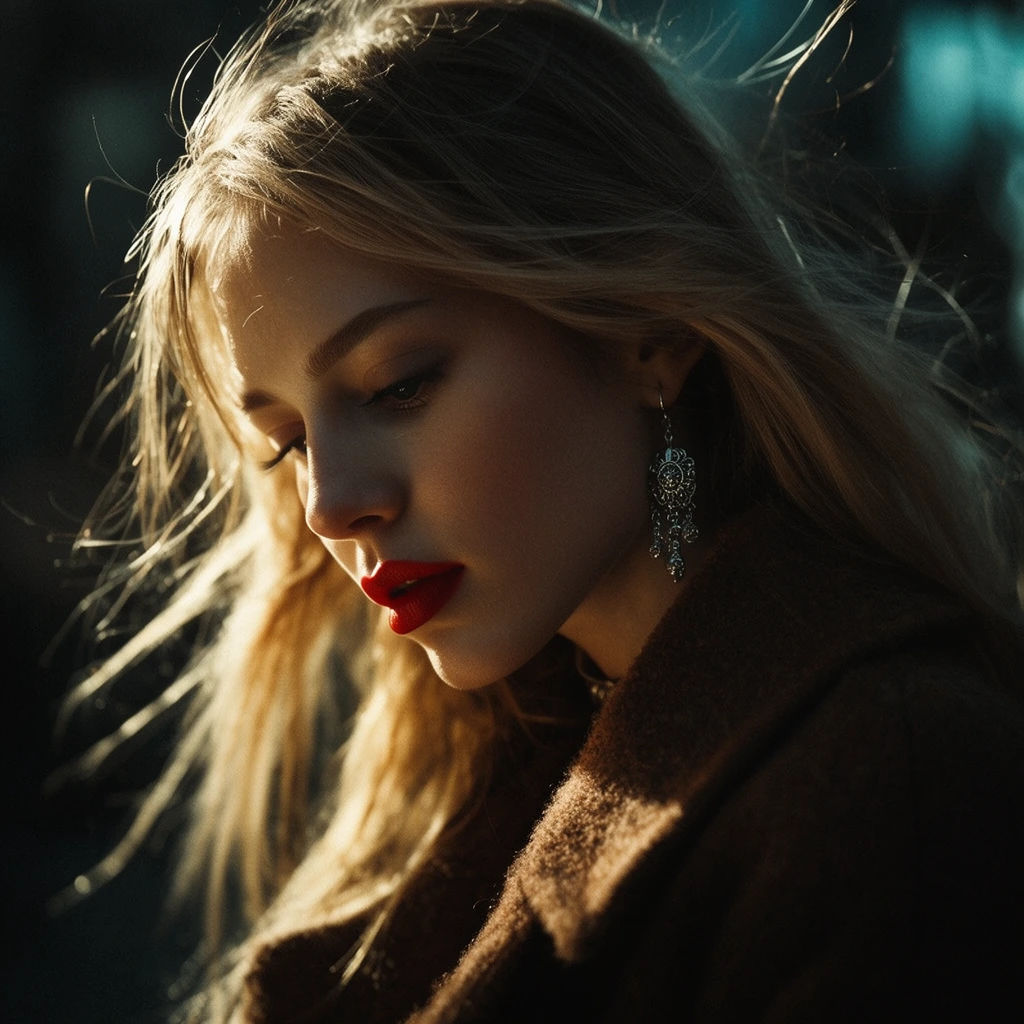cinematic close-up portrait of a young woman looking downward, windblown blonde hair illuminated by harsh golden backlight, vivid red lipstick, ornate silver dangling earring, thick brown wool coat, dramatic chiaroscuro lighting, deep shadows contrasting with bright facial highlights, shallow depth of field, blurred dark background with cool teal bokeh