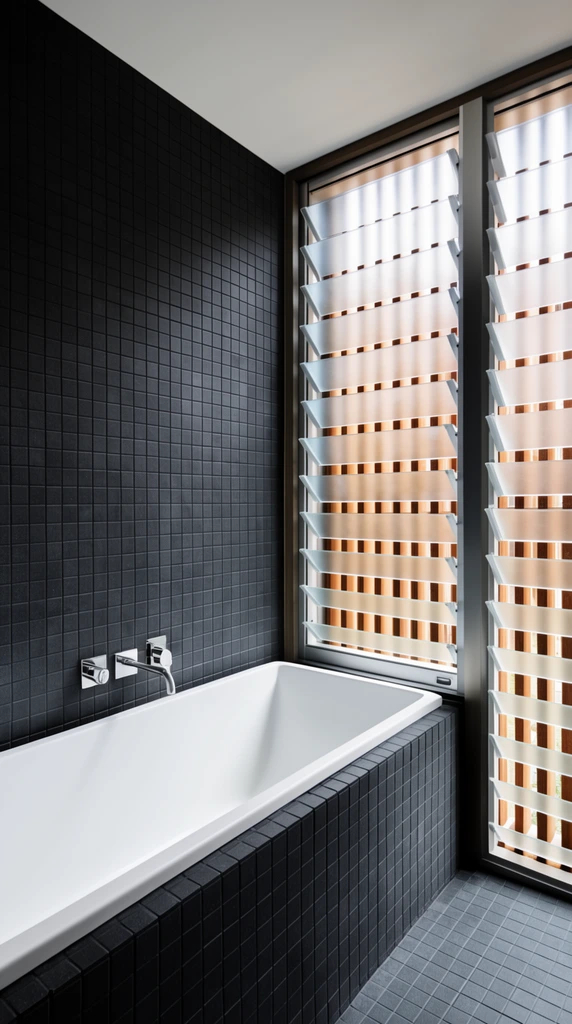 A stark white rectangular bathtub anchors a minimalist bathroom enveloped in dark charcoal grid tiles. Frosted-glass louvered windows reveal warm wooden slats outside. Bright daylight illuminates sleek chrome fixtures, casting high-contrast highlights across the moody architectural interior.