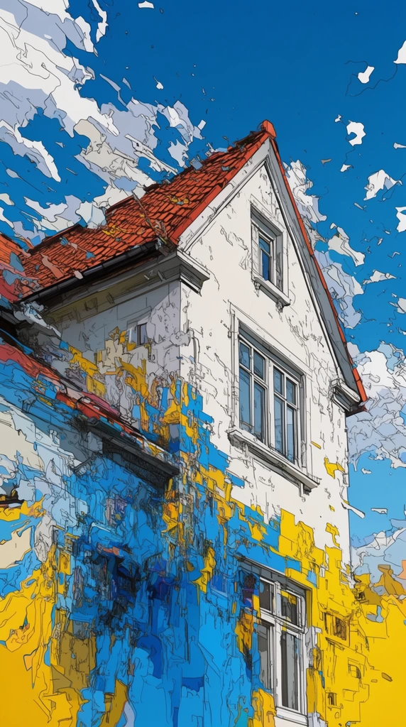 low angle architectural illustration, traditional white house with red tile roof, intense digital glitch distortion, shattered abstract color blocking, bleeding cerulean blue and vibrant yellow patches, precise thin black line art underdrawing, fragmented bright blue sky, scattered white clouds, jagged surreal tearing effect
