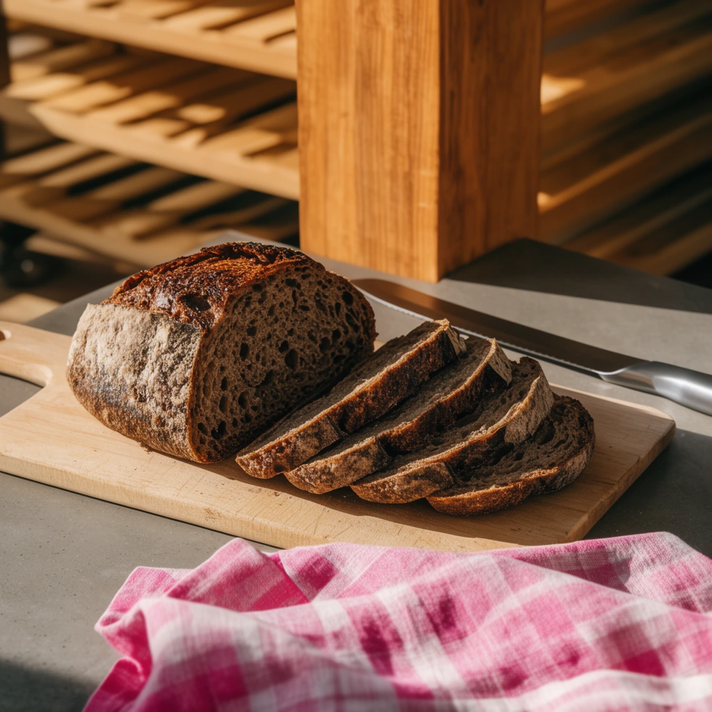 sliced rustic dark artisan bread on a light wood cutting board, exposed porous interior crumb, smooth grey countertop, folded pink and white checkered linen cloth in foreground, silver bread knife resting behind the loaf, strong warm golden hour directional sunlight, sharp cast shadows, vertical wooden pillar, slatted wooden shelves in soft blurred background, commercial food photography, rich earthy tones, shallow depth of field