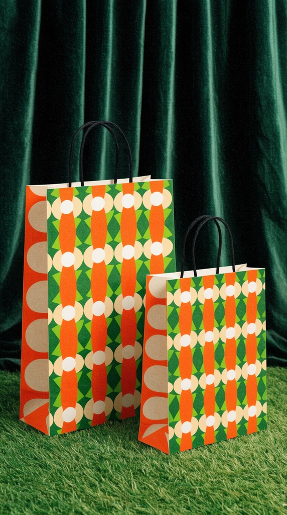 Two paper shopping bags with black string handles rest on green artificial turf against draped dark green velvet curtains. The bags feature bold retro geometric patterns of orange elongated ovals, green jagged edges, and white circles. The studio shot has a distinct grainy vintage texture.