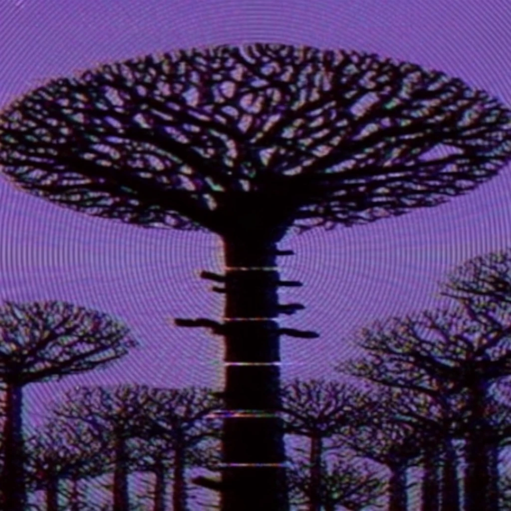 A tall central tree rendered in stark pitch-black silhouette stands against a vivid purple sky. The thick trunk features horizontal bands and short protruding branches, holding up a massive, flat canopy made of an interconnected, web-like lattice of branches. Numerous smaller leafless trees surround its base as flat dark shapes. The visual style is a low-fidelity retro-digital CRT aesthetic, dominated by pronounced concentric circular scanlines and moiré interference patterns radiating across the background. Heavy chromatic aberration, pixelation, and VHS glitch artifacts distort the high-contrast edges of the silhouetted trees.