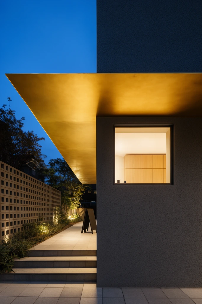 A minimalist modern building facade at twilight features a striking golden-illuminated cantilevered overhang and a glowing square window revealing a warm interior with light wood cabinetry. The textured dark gray exterior contrasts sharply with the deep blue evening sky. To the left, a paved walkway with shallow steps is bordered by a decorative breeze-block wall and subtly lit landscaping. A dark A-frame board rests on the tiled ground. Captured through precise architectural photography, the composition highlights geometric clean lines and dramatic warm-cool color contrast.