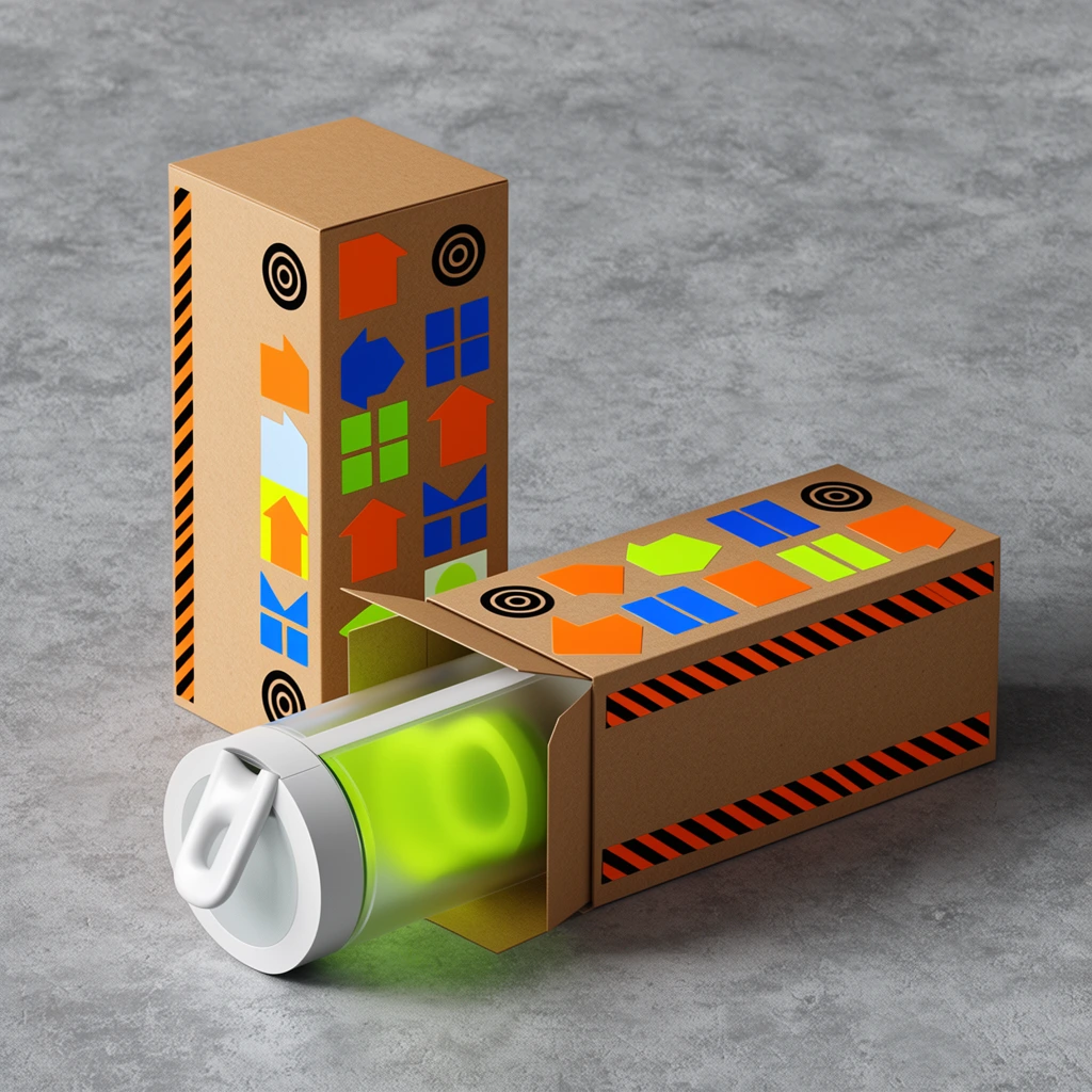 Two brown cardboard boxes, one standing vertically, one lying horizontally, a cylindrical container with a white handle and translucent casing showing a neon green interior sliding out of the flat box, boxes decorated with colorful geometric stickers, black target symbols, orange arrows, diagonal warning stripes, textured grey concrete background, soft studio lighting, photorealistic product photography