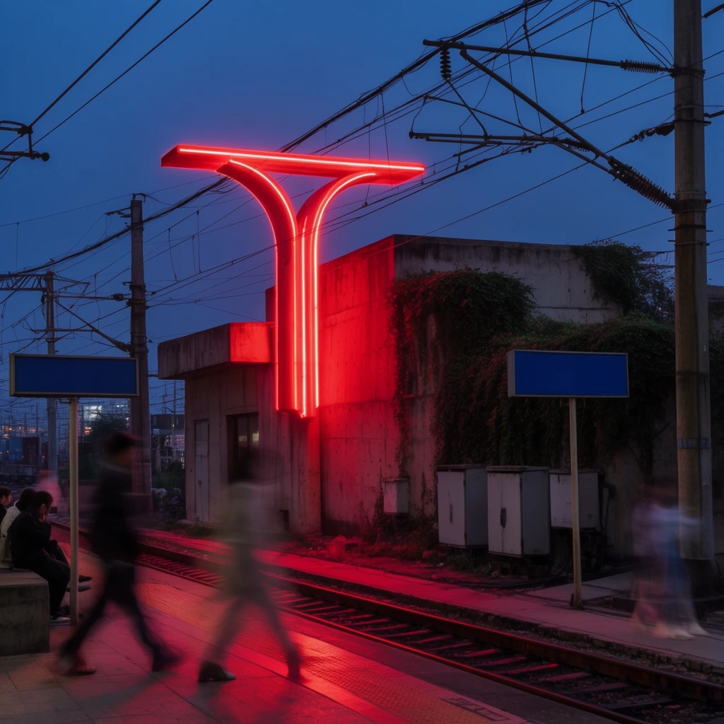 A twilight train station platform centers on a massive, glowing red neon sculpture with a flat horizontal top and two downward-curving legs mounted on a concrete building. Ghostly, blurred pedestrians cross the foreground in long-exposure motion, contrasting with sharp silhouettes of people sitting on the platform edge. An intense crimson glow radiates across the railway tracks, striking against a deep blue evening sky. Overhead, a dense network of electrical train wires and cables crisscrosses the frame. The industrial background includes concrete poles, electrical boxes, and a blocky structure overgrown with dark green vines. Blank blue rectangular signboards on metal poles flank the tracks, completing this cinematic, high-contrast urban scene.
