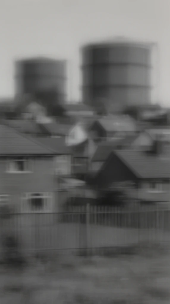 A heavily blurred, monochromatic depiction of a cluster of houses behind a fence, with two large gasometers situated in the soft-focus background. The clustered residential buildings and the foreground fence are rendered as smeared, obscured forms, their structural details transformed into sweeping horizontal streaks of charcoal, slate, and ash gray. Behind the settlement, the towering cylindrical gasometers appear as massive, hazy silhouettes melting into a pale, overcast sky. The composition is executed in a low-contrast grayscale palette reminiscent of a laterally dragged photo-painting, characterized by continuously softened edges and geometric shapes bleeding horizontally into one another. Flat, diffused lighting blankets the environment, applying a continuous out-of-focus veil over all surface textures and establishing a muted, heavily atmospheric visual treatment.