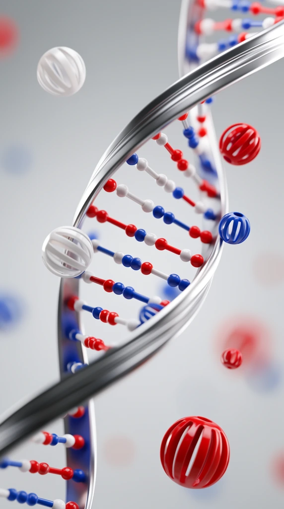abstract 3D stylized DNA double helix, intersecting sweeping silver ribbons, scattered glossy red white and blue slotted spherical beads, floating and attached beads, shallow depth of field, out of focus bokeh, soft light grey gradient background, diffused studio lighting, clean scientific visualization