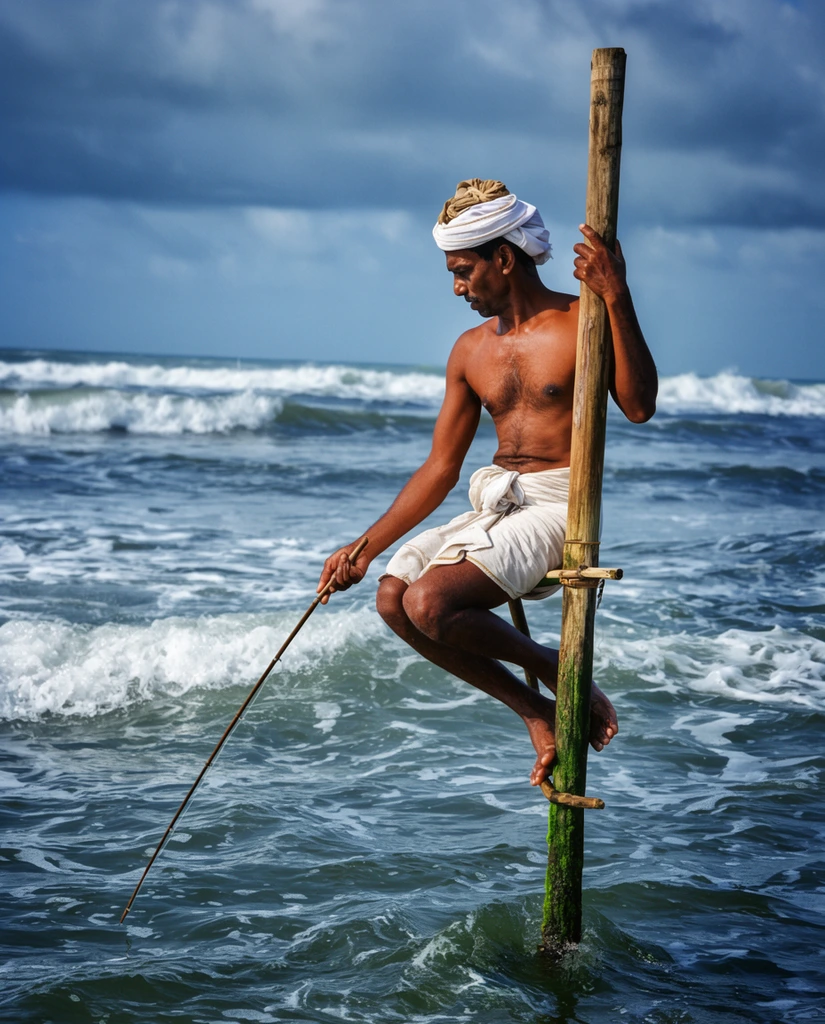 A bare-chested man sits precariously balanced on a wooden stilt planted in the turbulent ocean holding a long fishing rod. The man wears a wrapped white waistcloth and a white and tan fabric turban. He rests on a small horizontal crossbar attached to a thick moss-stained vertical pole, his left arm hugging the post while his right hand angles a slender stick toward the churning water. His bare feet grip the wood above the rolling white-crested waves. The surrounding sea crashes under a dramatic sky filled with heavy grey-blue clouds. The documentary-style photograph features vibrant contrast between the warm skin tones and deep cool blues of the environment, captured from a slightly low angle emphasizing the elevated pose.