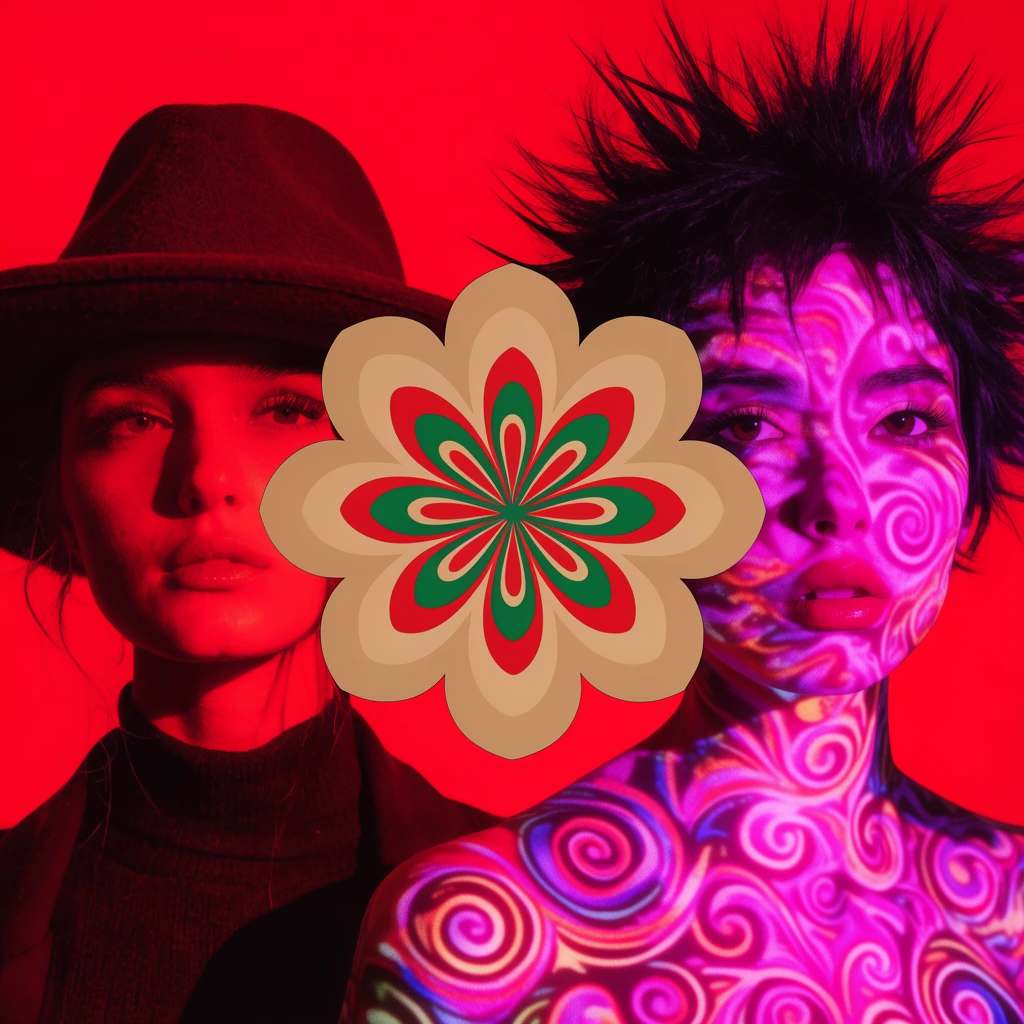Psychedelic dual portrait of two women against a solid red backdrop featuring a central tan, red, and green graphic flower. The left figure wears a wide fedora under stark crimson lighting. The right figure features spiky hair bathed in intense magenta light with intricate swirling motifs projected onto her skin.