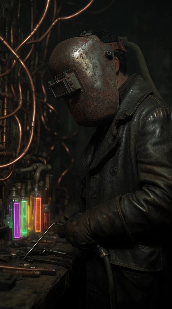 figure in a heavy rusted iron welding mask and thick leather coat, standing at a dimly lit workbench, glowing neon vials, tangled copper pipes, moody cinematic lighting, deep shadows, dark steampunk aesthetic