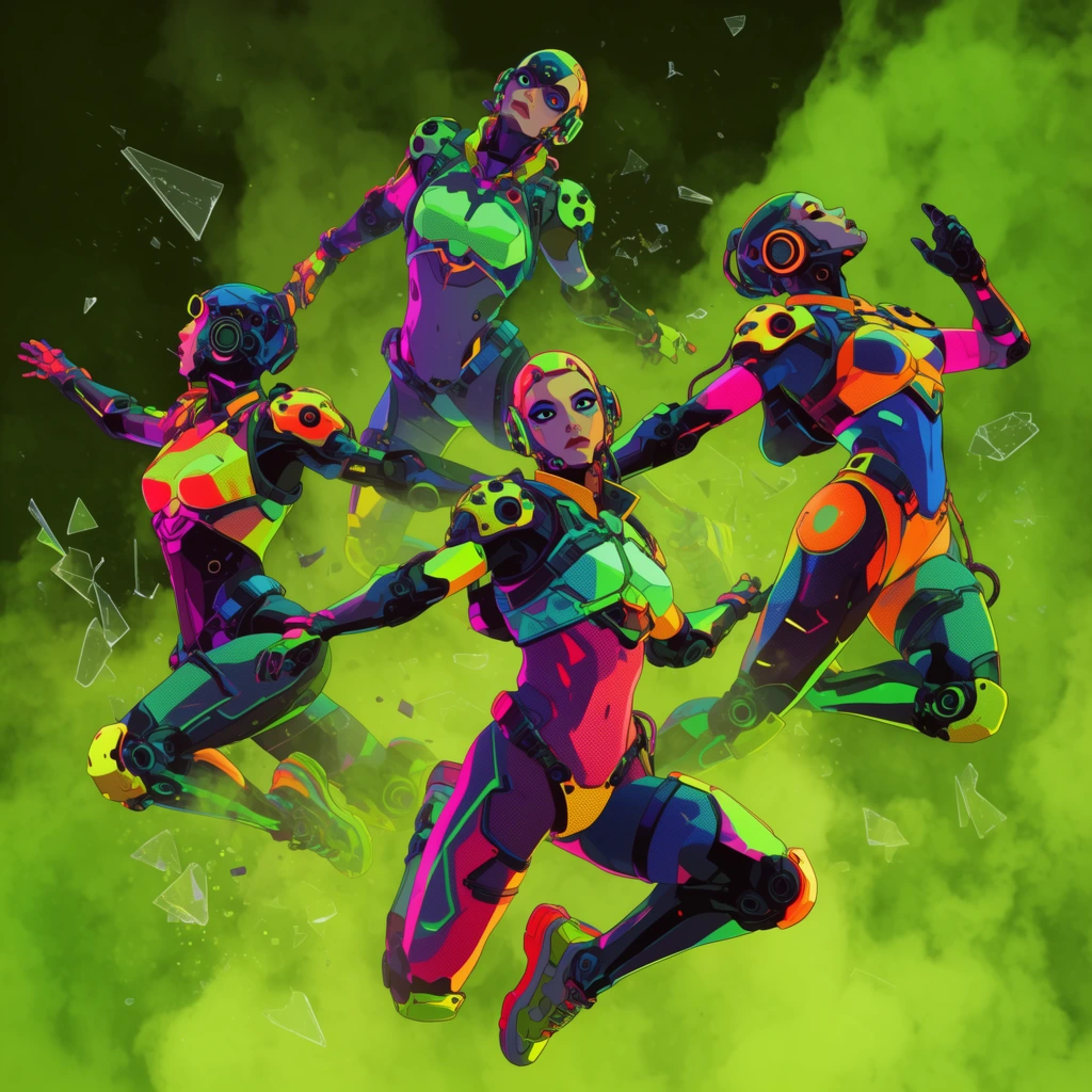 four cybernetic acrobats in glowing neon armor leaping through thick toxic green smoke, dynamic aerial poses, shattered glass debris, vibrant cel-shaded 3D render, halftone textures
