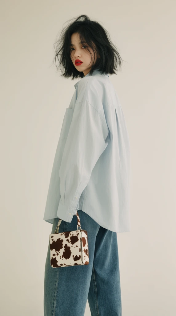 young woman looking over her shoulder, striking red lipstick, messy chin-length black hair, oversized light blue button-down shirt, loose medium-wash blue jeans, holding a small square handbag with a brown and white cow print, off-white seamless studio backdrop, soft high-key lighting, editorial fashion photography, minimalist composition, muted tones with a pop of red