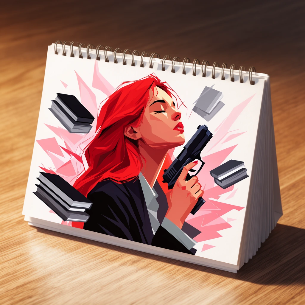 A thick paper desk calendar rests on a wood grain surface under warm directional lighting. The open page displays a stylized vector illustration of a woman with flowing red hair, eyes closed, and head tilted upward. She holds a black handgun near her cheek. Floating black and grey books and jagged, abstract pink geometric shapes surround her against a white background.