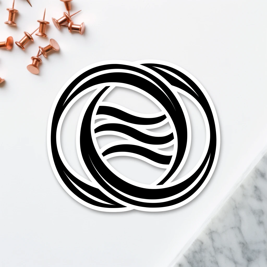 Top-down flat lay photograph of a bold black and white circular graphic emblem centered on a clean white surface. The central design features thick sweeping interconnected curves overlapping a ring containing wavy horizontal forms outlined with a heavy white border and drop shadow. Several flat-headed metallic copper pushpins are scattered loosely in the top left corner. A triangular slab of light gray veined marble occupies the bottom right corner. Bright diffused overhead lighting creates a crisp modern aesthetic with high contrast.