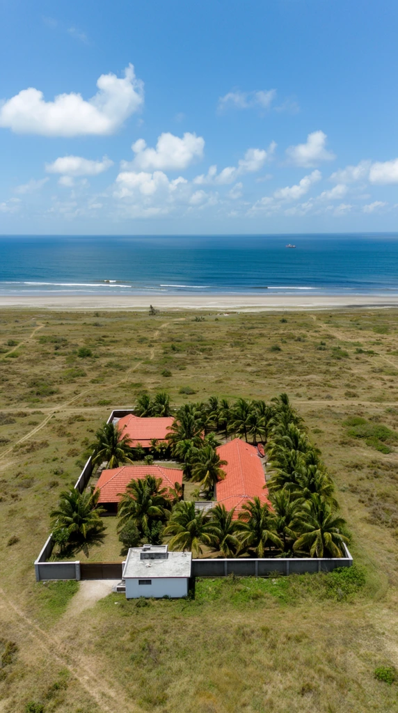 A walled tropical compound with red-tiled roofs sits in a vast coastal scrubland beside the ocean, captured from an aerial perspective. The rectangular property is enclosed by a low grey wall, sheltering dense green palm trees and interconnected buildings with vibrant terracotta roofs. A small, flat-roofed white structure adjoins the front perimeter wall. The surrounding landscape expands into a sprawling, dry grassy plain marked by sparse vegetation and faint dirt paths. Beyond these fields, a wide sandy beach meets the deep blue ocean, where gentle white waves break near a tiny distant boat on the horizon. Bright midday sunlight illuminates the isolated estate and the expansive coastal environment under a clear blue sky scattered with fluffy white cumulus clouds.