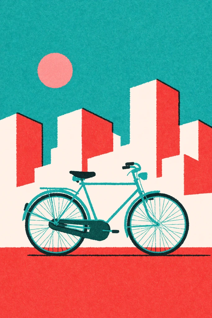 teal vintage bicycle in profile, flat red ground, geometric white and red blocky city skyline, teal sky, pale red sun, retro risograph print style, heavy grain texture, minimalist graphic illustration