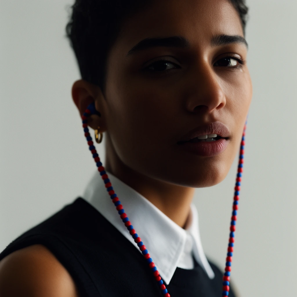A cinematic close-up of a person with short dark hair and warm brown skin gazing directly at the camera. They wear a black sleeveless top over a crisp white collared shirt. Striking red and blue beaded earphone lanyards drape down, framing their face and a small gold hoop earring. Soft directional lighting against a minimal light grey background casts deep shadows across half their face, highlighting their bone structure and slightly parted lips.