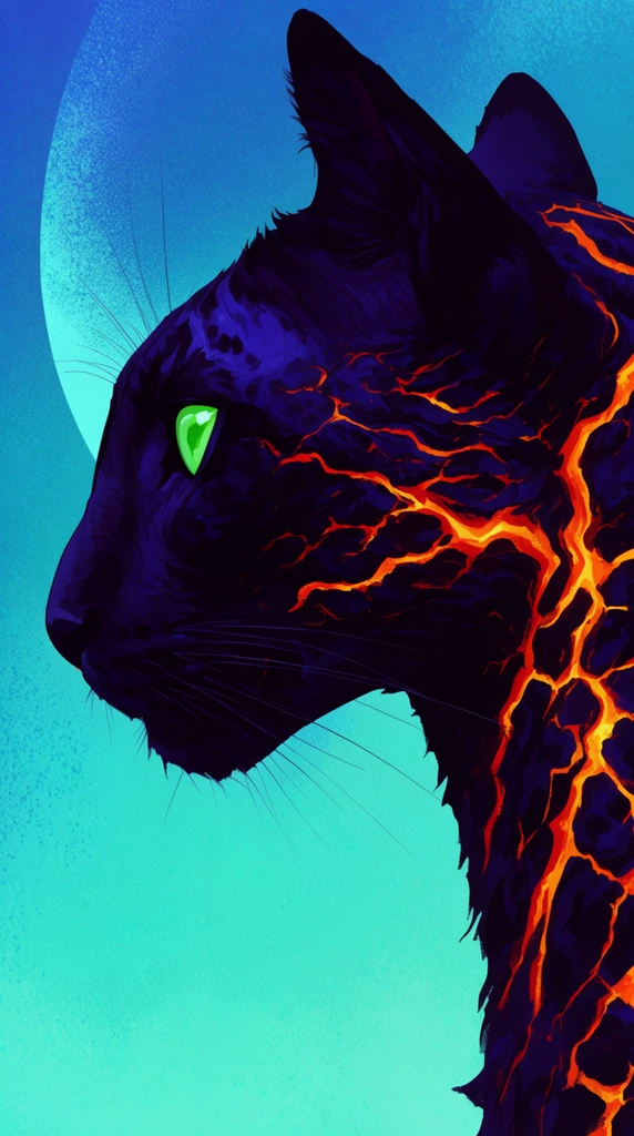 Profile illustration of a dark feline featuring glowing magma orange fissures across an indigo coat and a luminous green eye. Set against a vibrant cyan gradient background with subtle stippled textures and a faint crescent shape in a high-contrast digital art style.