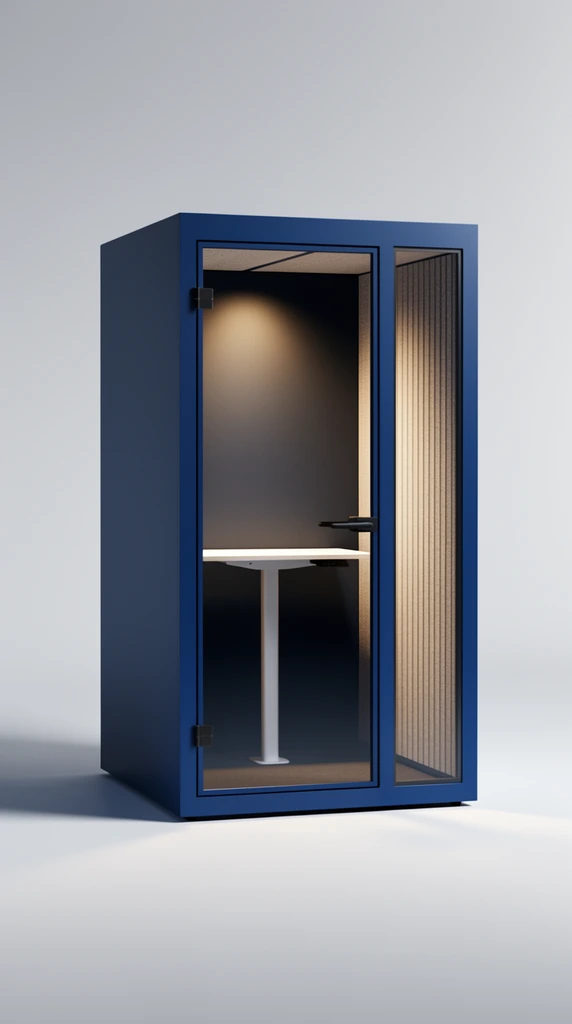 A minimalist, rectangular office privacy pod stands centered against a pristine light grey studio background. The structure features a matte deep blue exterior, a large clear glass door with black hinges, and a narrow vertical glass side panel. Inside, a sleek white standing desk rests on a single central pillar, illuminated by a warm overhead spotlight that casts a soft gradient on the dark back wall and highlights the ribbed beige acoustic paneling on the right. Rendered in a photorealistic architectural style, the symmetrical composition uses soft, diffused ambient lighting to create grounded shadows on the seamless floor, emphasizing clean geometric lines and contemporary design.