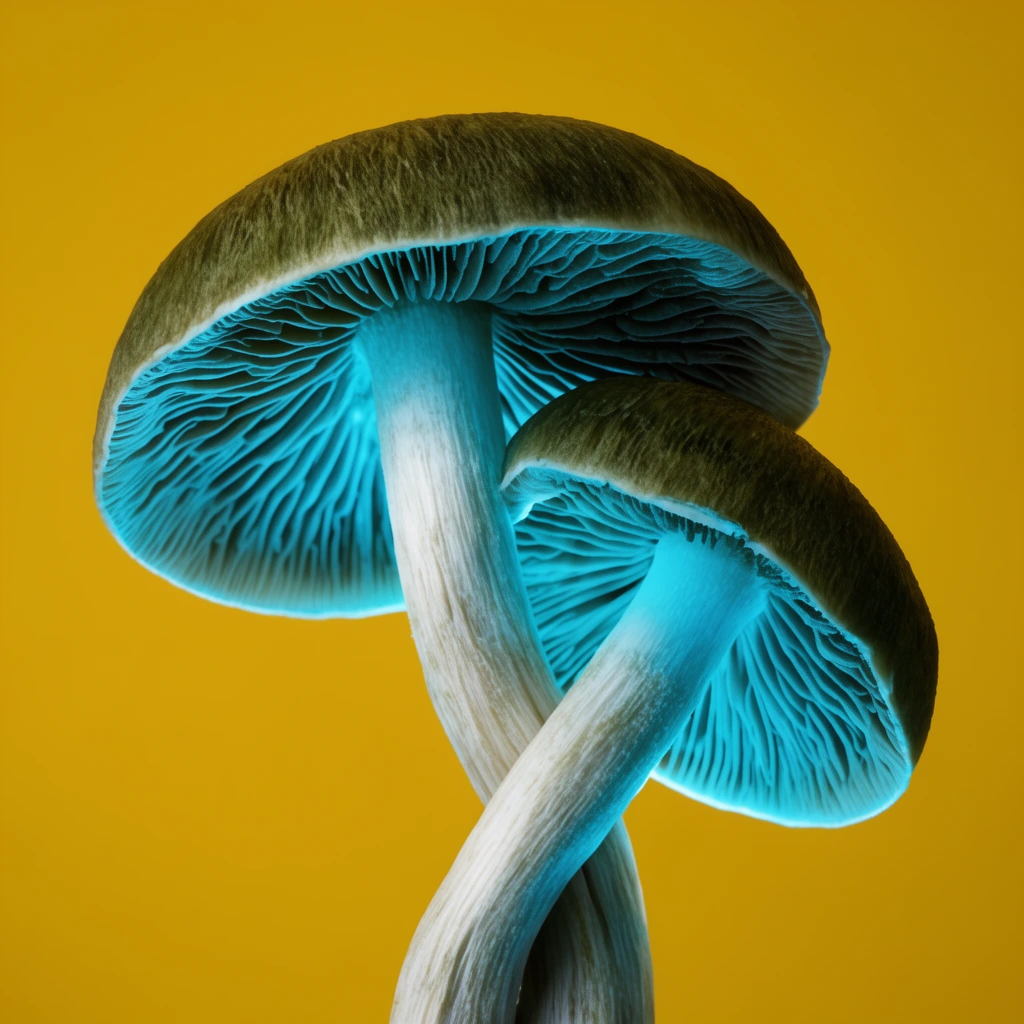 Macro photograph of two intertwined mushrooms against a solid mustard-yellow background. The pale, fibrous stems twist together, supporting dark olive-brown caps. The intricate gills underneath are vividly illuminated by an intense cyan light. Shot centered with high sharpness, the composition emphasizes the stark color contrast between the turquoise under-lighting and the flat, vibrant backdrop.