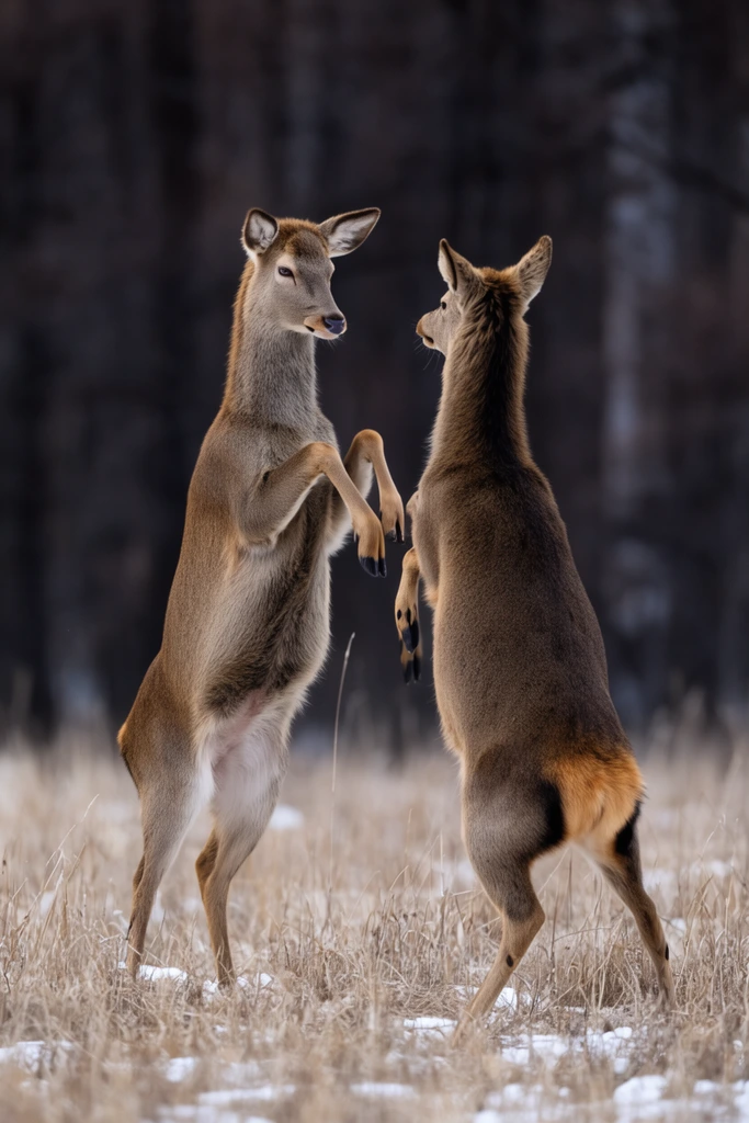 Two female deer standing upright on hind legs boxing, raised front hooves, dry winter grass with patchy snow, blurred dark forest background, wildlife photography, telephoto lens