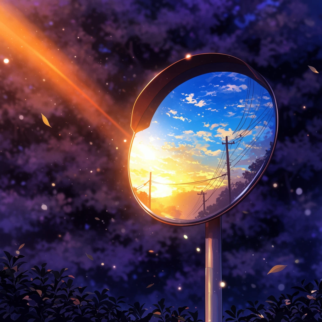 Round convex traffic mirror on a metal pole, brilliant reflection of a golden sunset and vivid blue sky with scattered clouds, sharp silhouettes of utility poles and power lines inside the reflection, contrasting heavily blurred background of dense dark purple nocturnal trees, strong diagonal orange sunbeam cutting from the upper left, glowing floating dust motes and drifting leaves, dark shadowed foliage at the bottom edge, magical realism digital illustration, high contrast