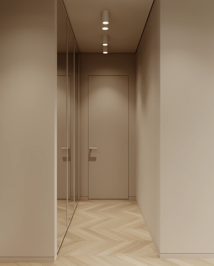 minimalist contemporary hallway, warm monochromatic greige palette, flush interior door, light wood chevron parquet floor, white cylindrical ceiling spotlights casting soft shadows, mirrored wardrobe doors on the left, architectural photography, clean lines