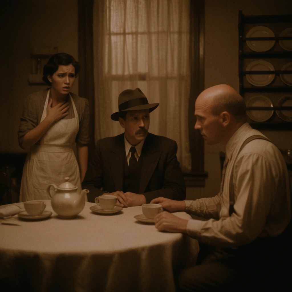 Three figures occupy a dimly lit, sepia-toned vintage dining room. A standing woman in an apron touches her chest with a worried expression. At a table set with a teapot and cups, a seated man in a suit and fedora stares intently at a bald man in suspenders leaning forward. The background features a curtained window and a wall-mounted plate rack. The scene employs a soft-focus cinematic aesthetic with warm monochrome tinting and heavy shadows.