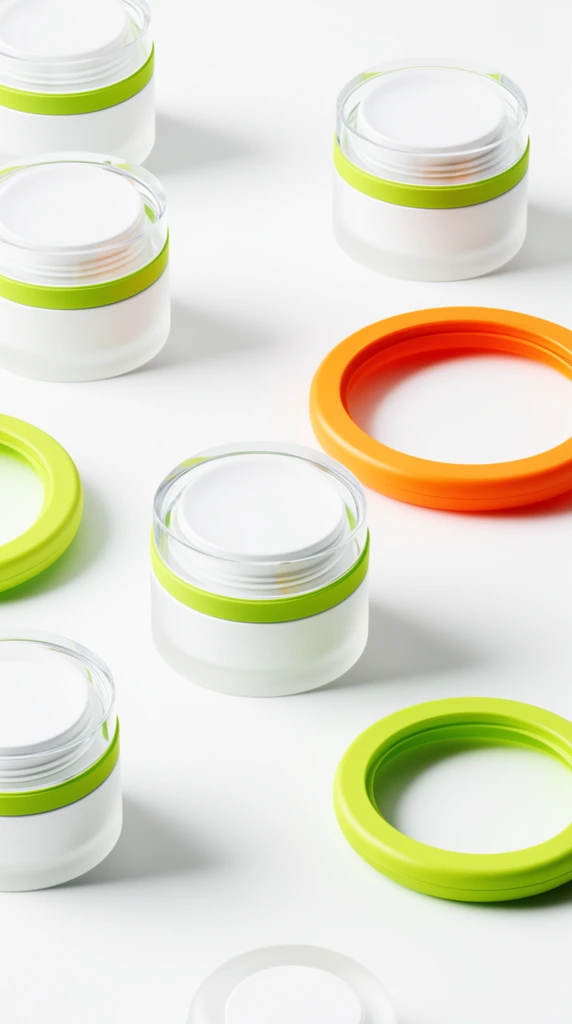 scattered cylindrical cosmetic jars and circular rings, high-angle perspective, matte white plastic containers, vibrant lime green and bright orange accent rings, clear acrylic lids, translucent frosted glass, seamless white background, bright studio lighting, soft diagonal drop shadows, minimalist product photography, precise geometry, clean aesthetic