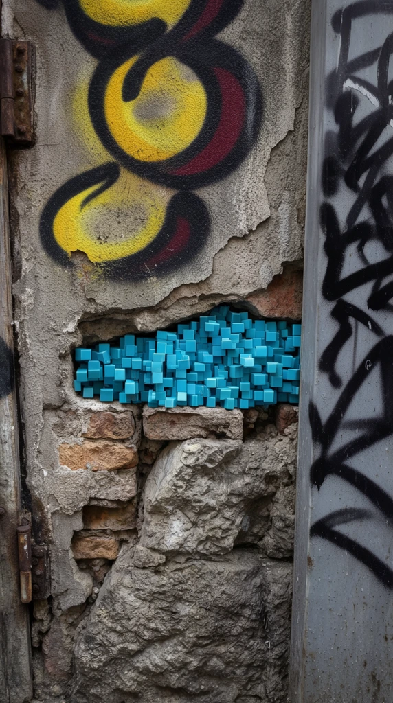 weathered urban wall with peeling grey stucco revealing exposed rough brick and jagged stone, tightly packed cluster of small bright cyan geometric plastic cubes filling a horizontal crevice, abstract yellow and dark red aerosol paint patterns with thick black outlines on the upper plaster, chaotic black spray-painted gestures on a vertical grey metal post to the right, rusted metal hinges on the left, extreme texture contrast between decaying masonry and precise artificial blue blocks, flat diffuse lighting, gritty surface details, close-up photography