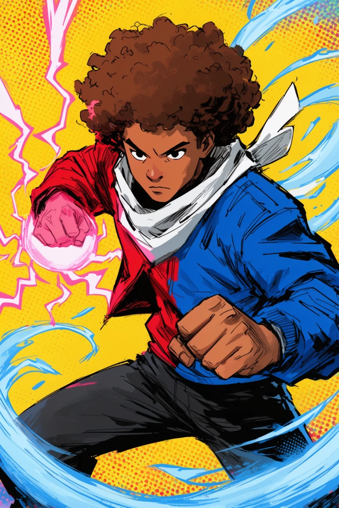 young man with brown afro in dynamic combat stance, split red and blue jacket, white scarf, generating pink lightning orb and blue wind aura, comic illustration style, bold ink lines, vibrant yellow background with pop-art halftone dots