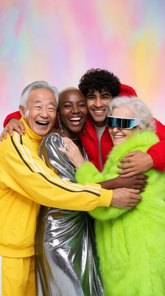 Four diverse individuals in a tight, playful embrace against an abstract pastel background. An elderly Asian man in a yellow tracksuit laughs on the left. Beside him, a Black woman with a shaved head in a silver metallic gown smiles widely. A young Hispanic man in a red puffer jacket wraps his arms around them. On the right, an elderly Caucasian woman wears a neon green faux-fur coat and futuristic goggles. High-key studio lighting evenly illuminates their joyful expressions and overlapping hands.