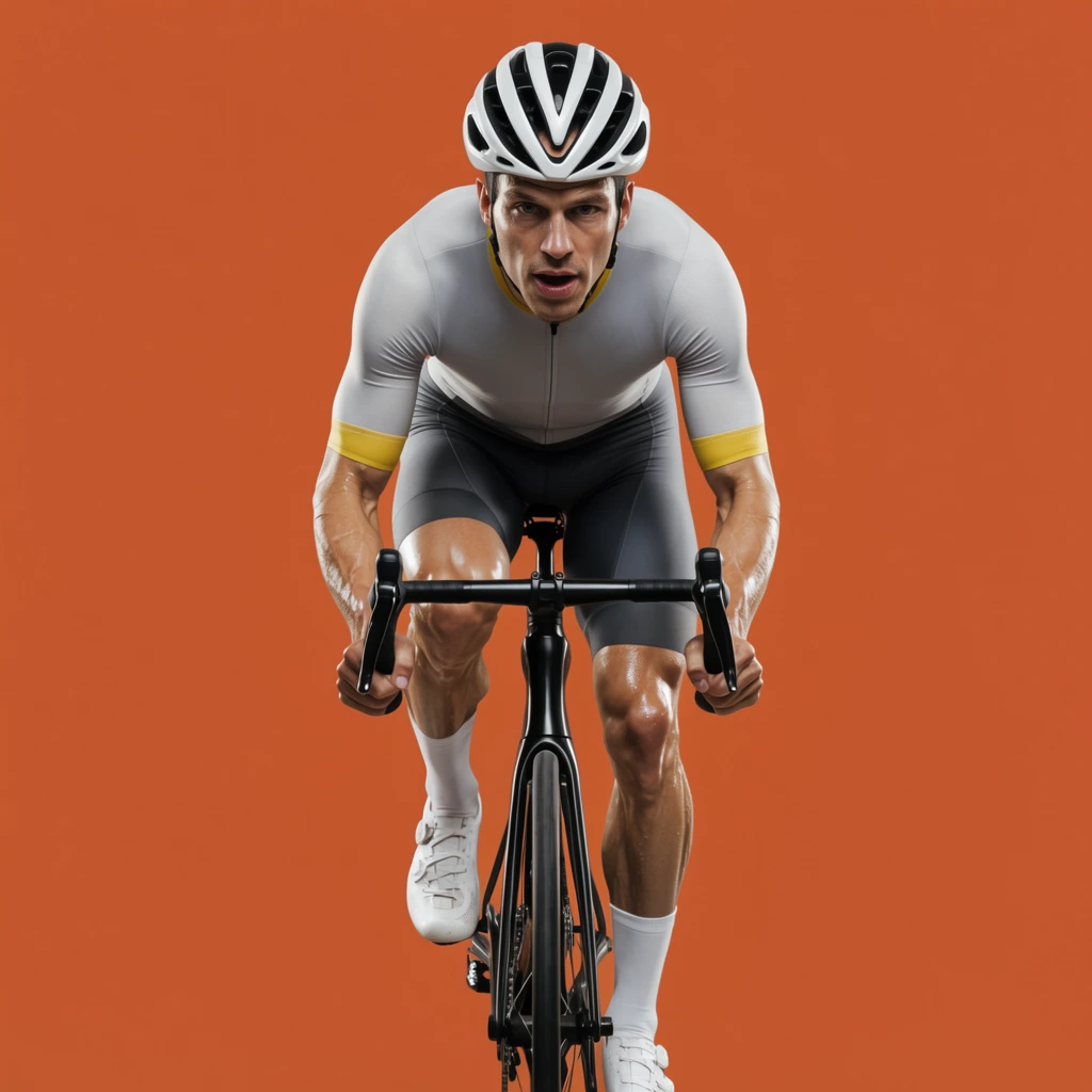 A professional male cyclist powers forward on a black road bicycle against a vivid, flat terracotta orange background. The athlete, intensely focused with a slightly open mouth, grips the brake hoods of the drop handlebars. He wears a sleek, form-fitting aerodynamic kit consisting of a light grey short-sleeved jersey with yellow cuffs and dark grey bib shorts. A highly ventilated white and black helmet straps tightly under his chin. His muscular, glistening legs push down on the pedals, clad in pristine white cycling shoes and tall white socks. Captured from a direct, eye-level frontal perspective, the composition isolates the rider to create a striking graphic contrast between the hyper-detailed photorealistic subject and the monochrome backdrop. Sharp lighting emphasizes the sinewy tension in the cyclist's forearms and quads while highlighting the sleek carbon fiber geometry of the front wheel and bicycle frame.