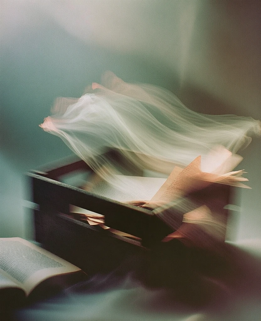 wooden crate filled with paper pieces next to an open book, intentional camera movement creating ethereal motion blur and soft focus, dreamy impressionistic aesthetic, painterly textures with heavy film grain, muted color palette of desaturated teal and warm sepia tones, translucent light trails and hazy transitions, diffused atmospheric lighting, poetic and nostalgic mood, fine art film photography style, moody and melancholic composition.