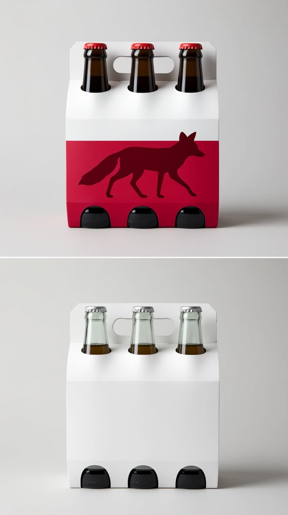 A split-frame studio product composition displays two straight-on views of cardboard six-pack beverage carriers against a seamless light grey backdrop. The upper frame features a dual-tone carrier with a crisp white top and a crimson bottom showcasing a dark red silhouette of a walking fox. Crimped red bottle caps protrude from the top circular holes, and dark glass bottle bases show through the bottom arched cutouts. The lower frame presents an unadorned, pristine white carrier holding bottles with silver metallic caps. Soft, diffused lighting casts smooth shadows to the right, emphasizing the clean geometric folds of the packaging in a minimalist modern aesthetic.