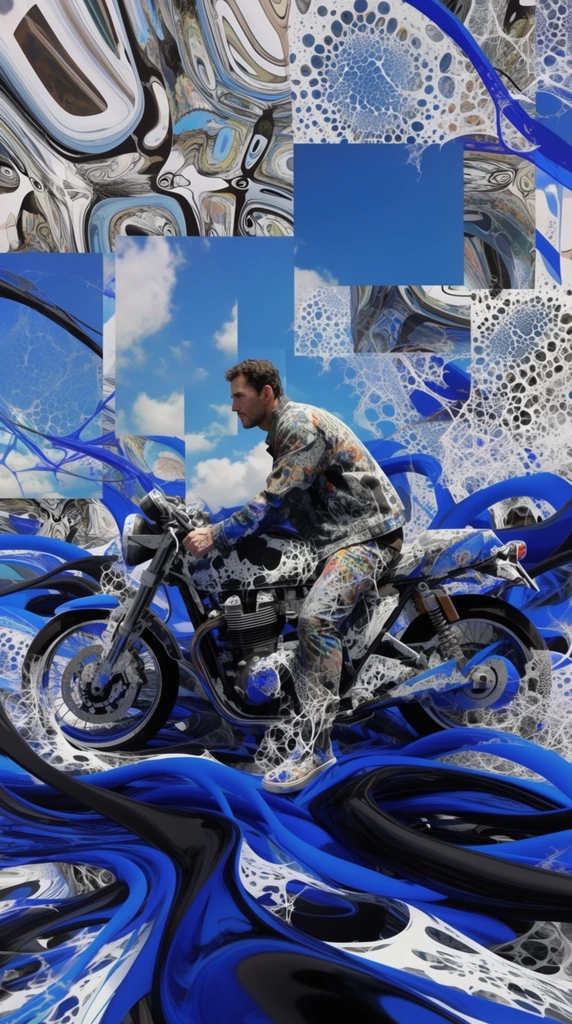 A man sitting sideways on a horizontally positioned motorcycle anchors the lower half of the frame, constructed in a surreal, hyper-digital 3D collage aesthetic. He leans forward slightly, looking toward the left, wearing a heavily patterned jacket and pants. The figure and motorcycle are engulfed by thick, sinuous, liquid-like ribbons of glossy electric blue and deep black that swirl chaotically across the foreground. Intricate, high-contrast white web-like structures and sprawling fractal cellular networks overlay the subject, the vehicle, and the surrounding space in dense layers. Behind the central figure, sharp, fragmented rectangular panels reveal a bright, naturalistic blue sky dotted with white clouds. The perimeter of the composition features severely warped, mirrored, and melted topological distortions, creating a frenetic, heavily layered atmosphere characterized by striking cobalt blue and stark white high-contrast lighting that merges sharp 3D rendering with fluid graphic overlays.